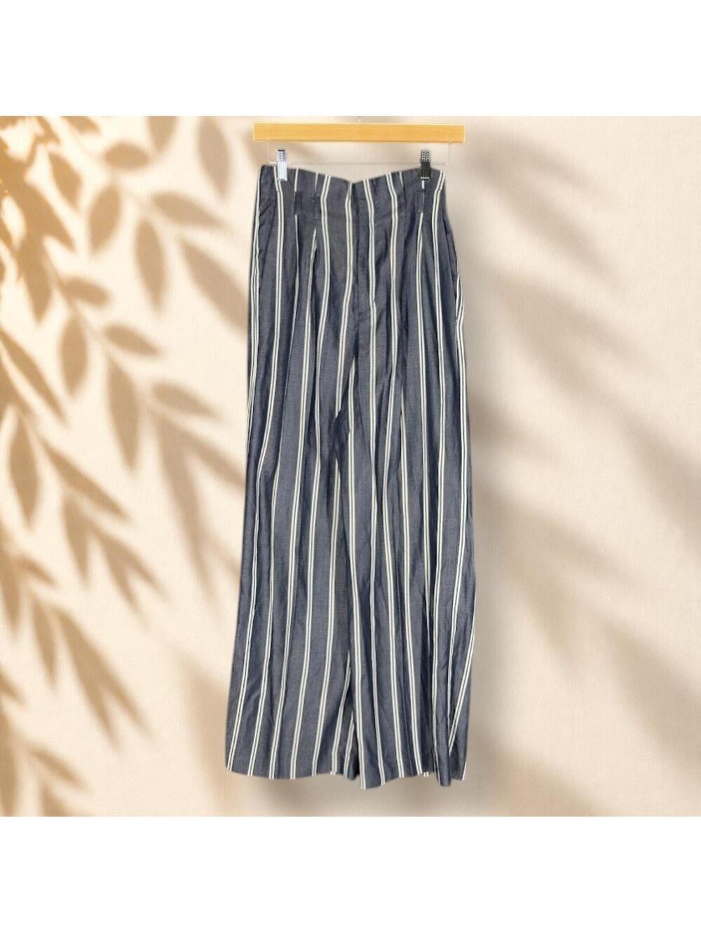Express Pants Women 00 Blue Striped High Rise Wide Leg Flat Front Pockets Casual